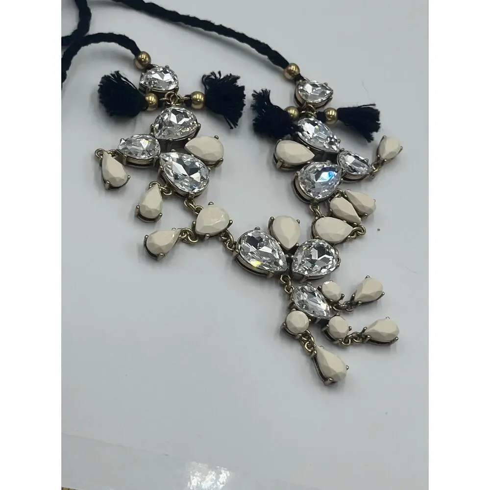 J. Crew Crystal Clear Milky White Gems Black Fringe‎ Adjustable Tie Necklace